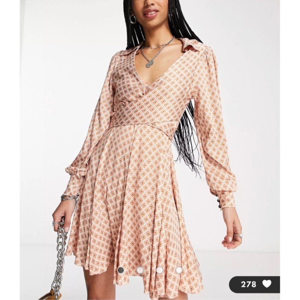 𝅺FREE PEOPLE "It Takes Two" Long Sleeve Mini Dress Ivory Combo NWT Size Large